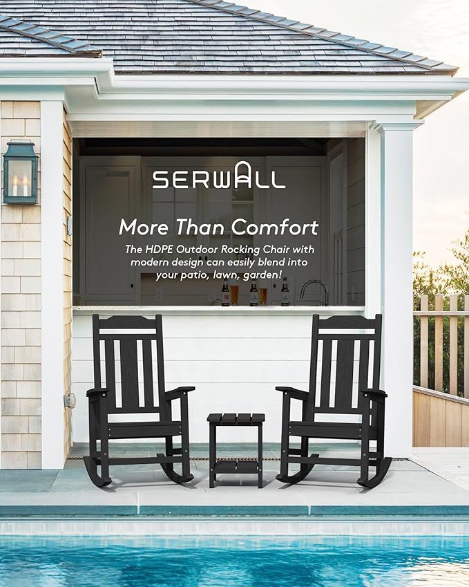 SERWALL Outdoor Rocking Chair Black Set of 8, All Weather Patio Rocking Chair, HDPE Poly Rocking Chair for Adults, Heavy Duty Front Porch Rocker - Image 7