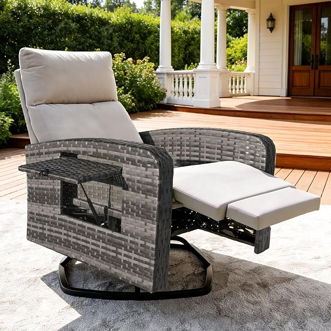 Outdoor Recliner Chair, Wicker Patio Recliners with Adjustable Backrest and Extended Foot Rest, Reclining Patio Chairs with Flip Table & Removable Cushion Cover for Porch by zzw