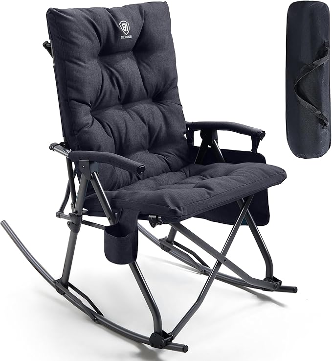 EVER ADVANCED Oversized Folding Rocking Camping Chair, Padded Portable Rocker Chairs for Patio, Lawn and Outdoors, Heavy Duty Hard Armchair for Adults Supports 400lbs, Black by EVERADVANCED