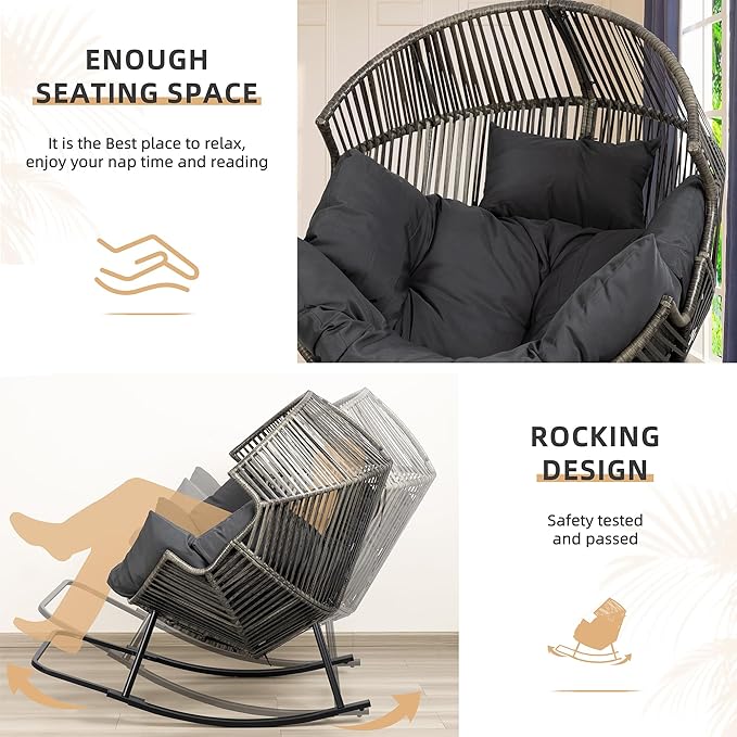 Vongrasig Wicker Rocking Egg Chair PE Rattan with Cushion, Oversized Patio Lounge Rocker Chair for Outdoor, Indoor, Balcony, Backyard, Garden, Black/Rattan - Image 6