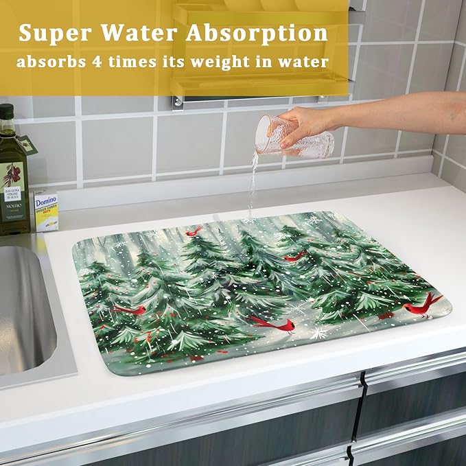 Winter Pine Tree Dish Drying Mat Red Bird Berry Dishes Drainer Mats Absorbent - Image 7