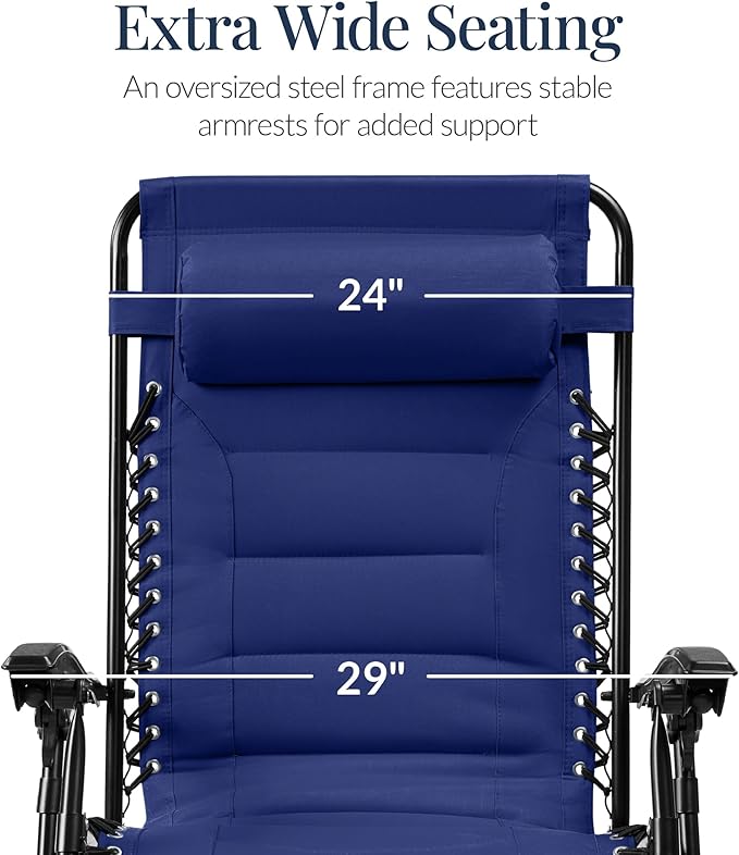 Best Choice Products Oversized Padded Zero Gravity Chair, Folding Outdoor Patio Recliner, XL Anti Gravity Lounger for Backyard w/Headrest, Cup Holder, Side Tray, Polyester Mesh - Cobalt Blue - Image 3
