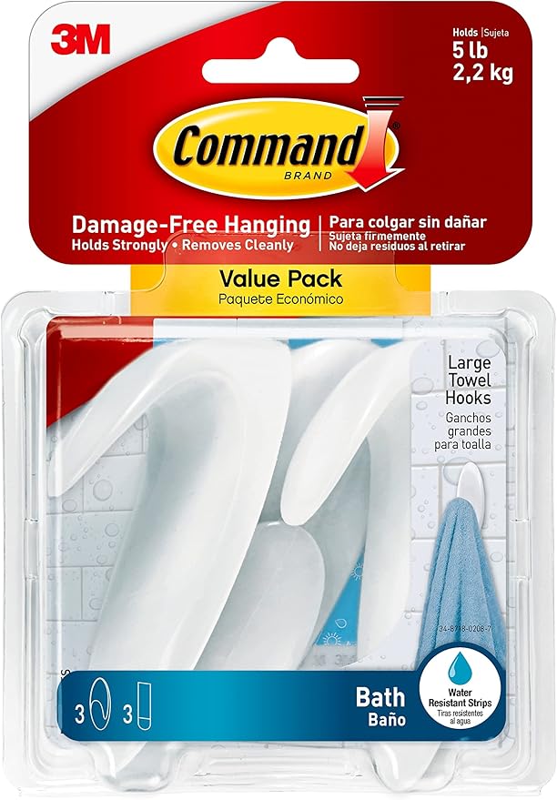 Command Bath Large Towel Hook Value Pack, 3-Large Hooks, 3-Water-Resistant by Command