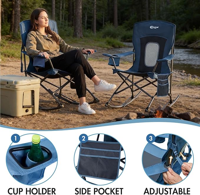 Portal Outdoor Rocking Chair Camping Folding Portable Rocker with Cup Holder Side Pocket Carry Bag, Support 350LBS (Mesh Blue) - Image 7