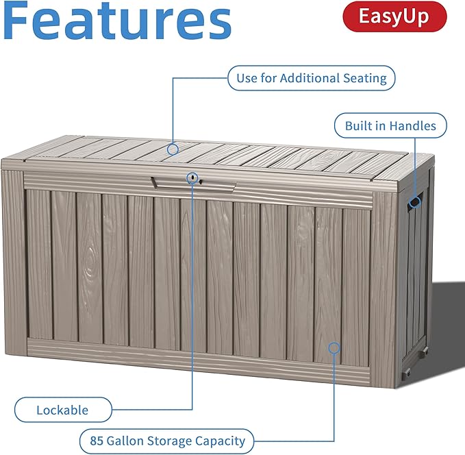 EasyUp 85 Gallon Outdoor Storage Box, Resin Waterproof UV-Resistant Deck Box, Reinforced Stability for Patio, Garden, and Poolside, Striped Gray - Image 3