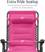 Best Choice Products Oversized Padded Zero Gravity Chair, Folding Outdoor Patio Recliner, XL Anti Gravity Lounger for Backyard w/Headrest, Cup Holder, Side Tray, Polyester Mesh - Hot Pink - Image 3