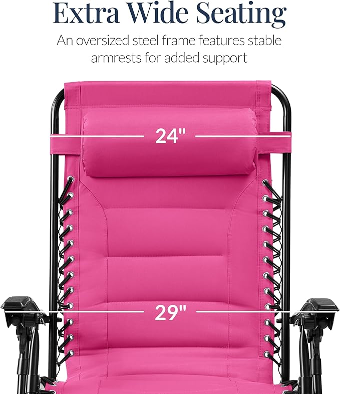 Best Choice Products Oversized Padded Zero Gravity Chair, Folding Outdoor Patio Recliner, XL Anti Gravity Lounger for Backyard w/Headrest, Cup Holder, Side Tray, Polyester Mesh - Hot Pink - Image 3