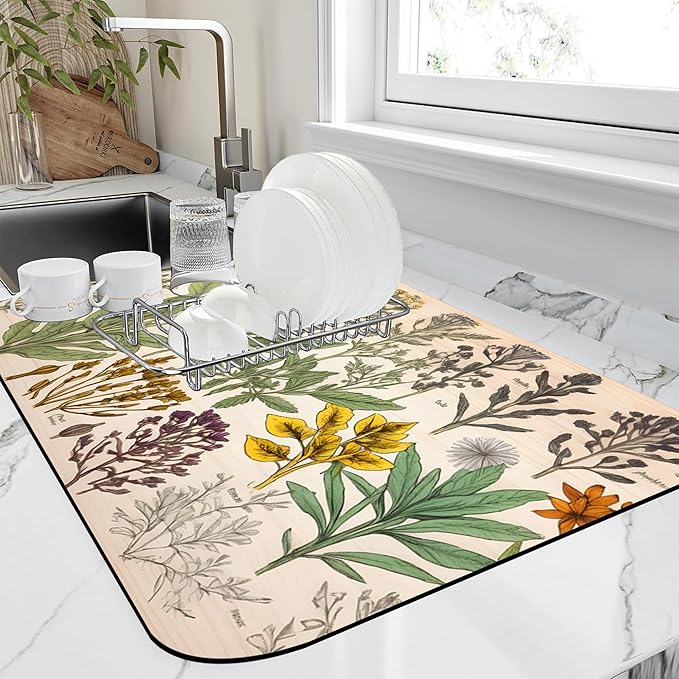 Dish Drying Mat Vibrant Bouquet of Spring Flowers Kitchen Mat 12"x19" Bsorbent by Unknown