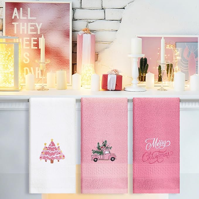 3 Pcs Pink Christmas Hand Towels - Image 5