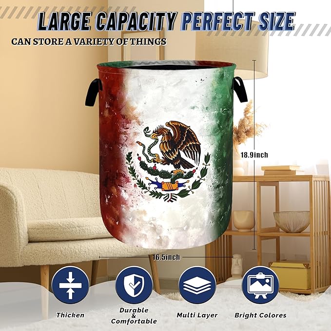 Vintage Mexican Flag Laundry Basket Oxford Cloth Foldable Mexico Laundry Hamper - Image 3