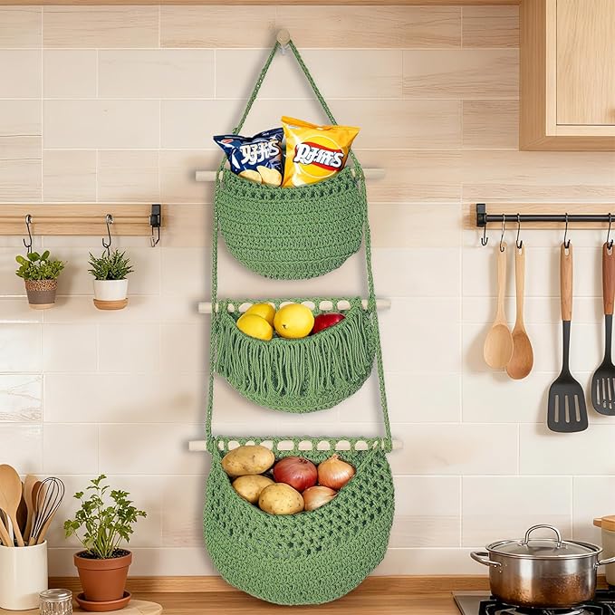 3 Tier Hanging Fruit Baskets for Kitchen, Boho Cotton Rope Handwoven Vegetable - Image 4