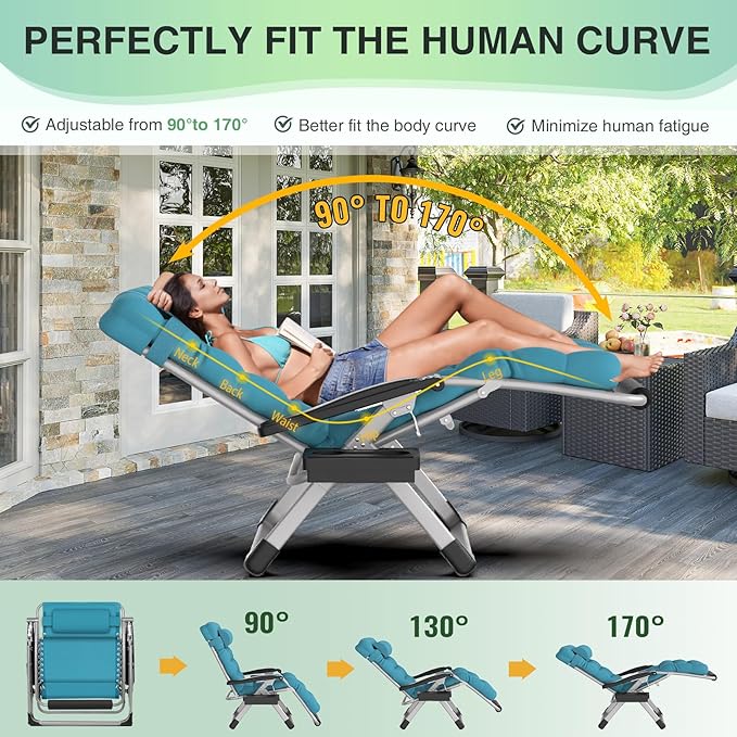 Suteck Oversized Zero Gravity Chair, 29In XL Outdoor Recliner Chair w/Removable Cushion&Headrest, Camping Lounge Chair w/Upgraded Lock&Footrest, Reclining Patio Chairs for Indoor Outdoor,500LBS - Image 5