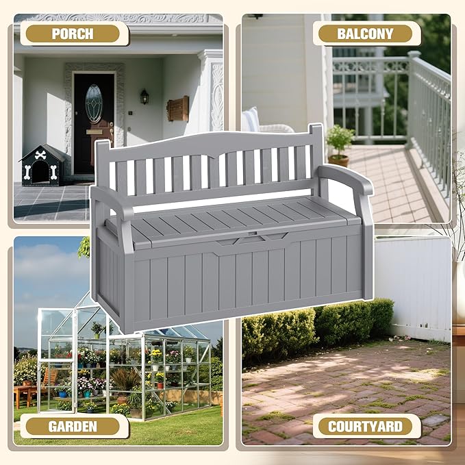 80-Gallon Outdoor Storage Bench, Waterproof Deck Box with Lockable Lid & Armrests for Patio, Garden, Pool, Gray - Image 5