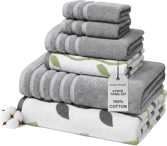 Modern Threads Organic Vines 6-Piece 100% Cotton Towel Set – Yarn Dyed Jacquard by ModernThreads