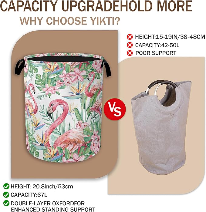 Watercolor Flamingo Laundry Hamper, Tropical Flower Leaves Clothes Hamper - Image 3