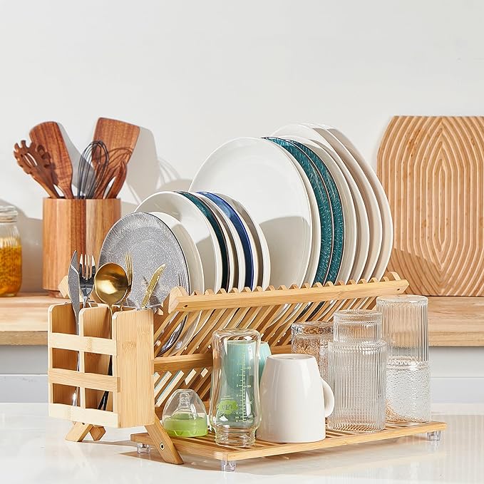 Bamboo Dish Drying Rack with Utensil Holder, Collapsible Wooden Dish Drainer - Image 6