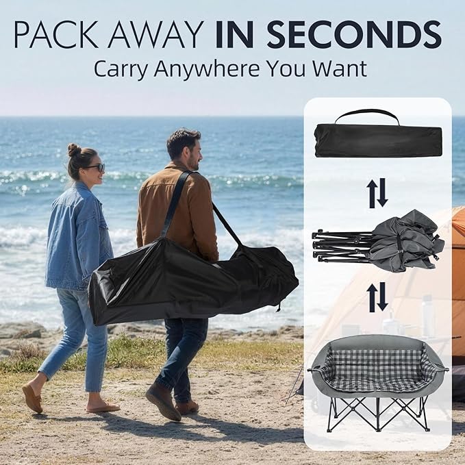 Double Camping Chairs Padded Loveseat Chair for 2 Person - Heavy Duty Oversized Camping Couch for Adults Outdoor Lawn Beach Portable Folding Sofa with Cup Holders Support 600lbs, Grey - Image 6