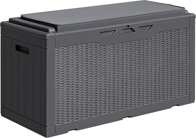 Greesum 100 Gallon Resin Deck Box Large Outdoor Storage with Cushions for Patio Furniture, Garden Tools, Pool Supplies, Weatherproof and UV Resistant, Lockable,Gray by BuynowfromGreesum