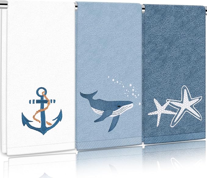 3Pcs Nautical Hand Towels Cotton Embroidered Bathroom Towels Anchor Starfish by FYSUIMU