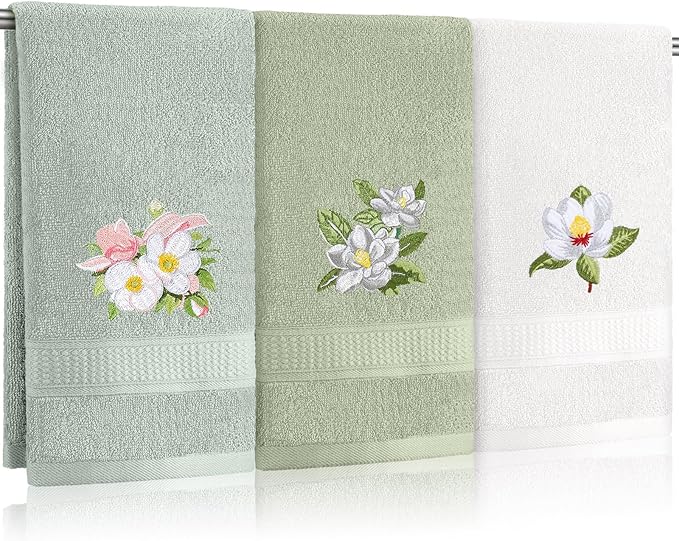 Magnolia Floral Hand Towels Farmhouse Green White Magnolia Bathroom Decor 14x29 by Tingjoo