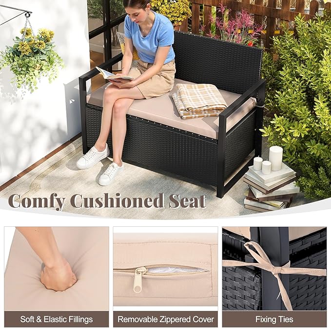 Tangkula 40 Gallon Outdoor Bench with Storage, Patio Wicker Storage Bench with Cushion, Cover, Metal Frame, Deck Box Seat for Backyard, Poolside, Balcony, Garden - Image 7
