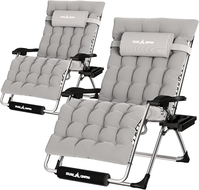UDPATIO Oversized Zero Gravity Chair Set of 2, 33In XXL Patio Reclining Chair with Cushion, Outdoor Folding Recliner with Pillows|Cup Holder|Foot Rest|Padded Headrest, Grey, Support 500LB by UDPATIO