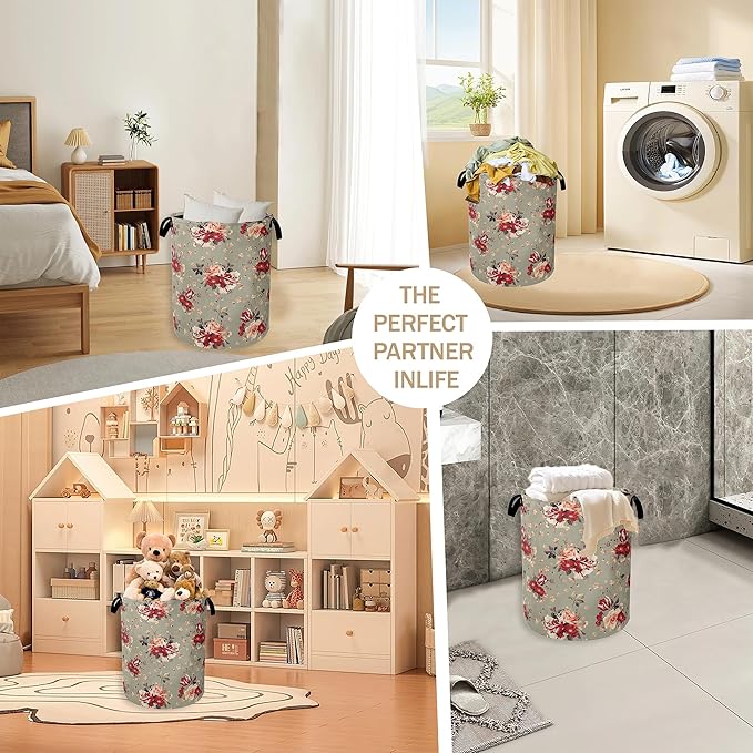 Red Rose Flowers Laundry Hamper, Vintage Floral Clothes Hamper - Image 6