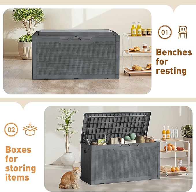 Greesum 100 Gallon Resin Deck Box Large Outdoor Storage Boxes with Cushions for Garden Tools, Patio Furniture Pillows, Pool Supplies, Gray - Image 6