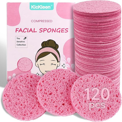 120-Count Compressed Facial Sponges|Kickleen 100% Natural Cellulose Cosmetic by KICKLEEN