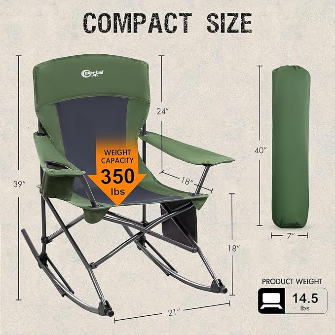 Portal Outdoor Rocking Chair Camping Folding Portable Rocker with Cup Holder Side Pocket Carry Bag, Support 350LBS (Green), 2 Pack - Image 2