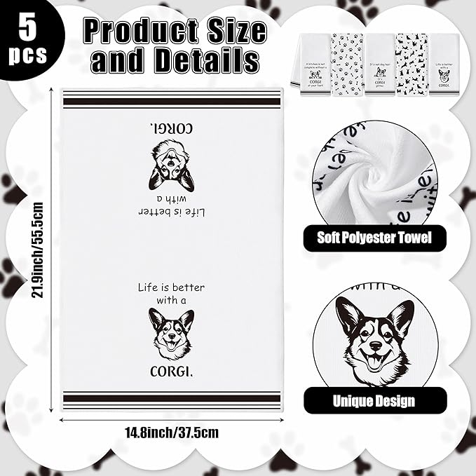 R HORSE Corgi Kitchen Dish Towel Set- 5Pcs Cute Corgi Cleaning Dishcloth Animal - Image 2