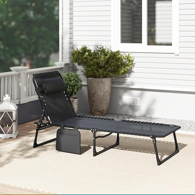 Outsunny Chaise Lounge Chair Outdoor, 5-Position Adjustable Sun Tanning Chair with Carrying Handle and Side Pocket, Folding Bed Cot with Removable Pillow for Garden, Beach, Patio, Pool, Camp, Black - Image 9