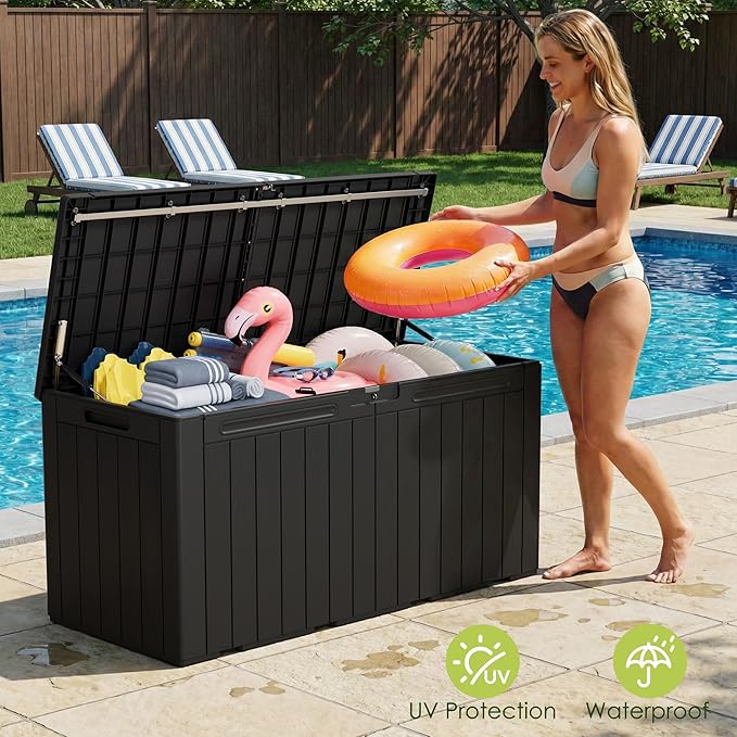Devoko 100 Gallon Outdoor Storage Box, Waterproof Resin Deck Box for Patio Furniture, Lockable Container for Garden Cushions & Pool Supplies (Black, 100 Gallon) - Image 7