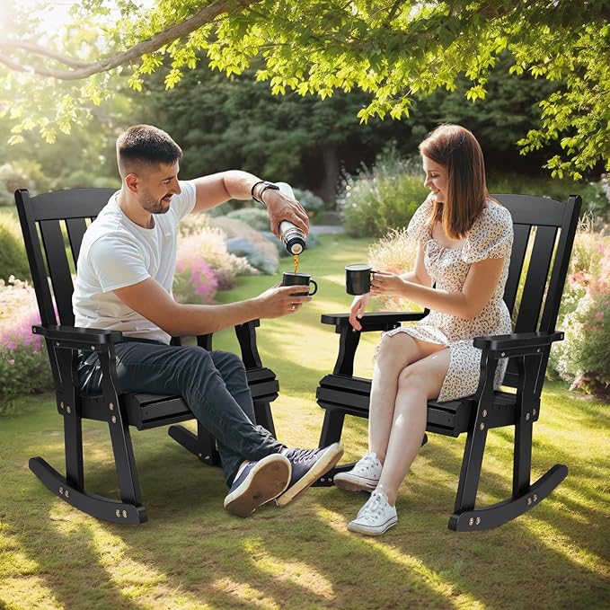 VINGLI Heavy Duty 600 LBS Outdoor Wooden Rocking Chair with Higher Backrest,Patio Rocking Chair with Ergonomic Design, Weatherproof Outdoor Rockers Suit for Patio, Garden, Balcony, Yard, Black - Image 7