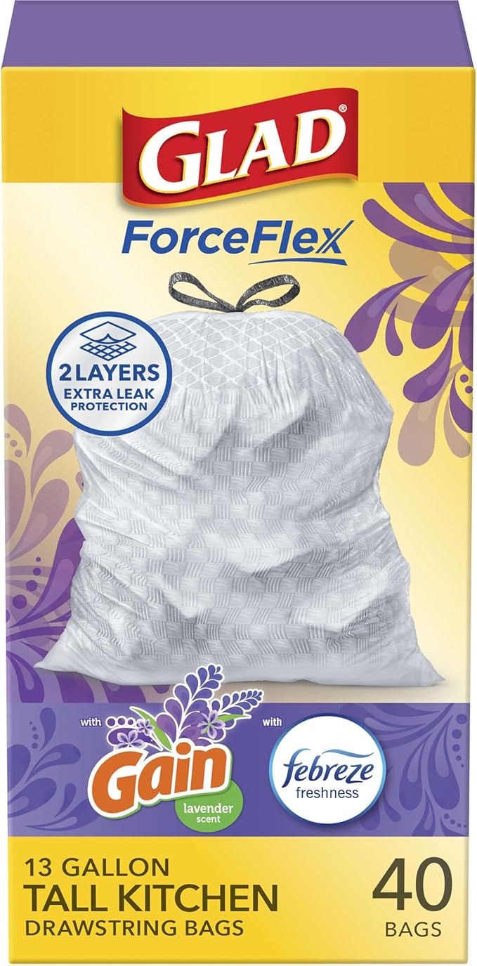 Glad ForceFlex Tall Kitchen Trash Bags, 13 Gal, Gain Lavender by GladTrashFoodStorage