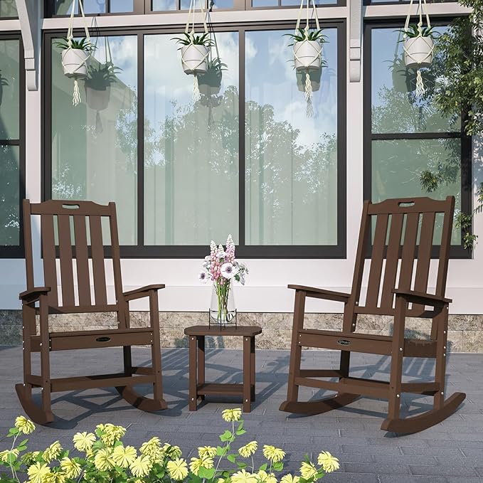 Oversized Rocking Chair, Outdoor Rocking Chair for Adults, All Weather Resistant Porch Rocker for Lawn Garden, Brown - Image 2