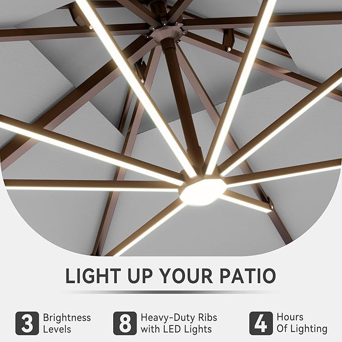10 X 13 FT Cantilever Outdoor Patio Umbrella with Base Included Large Heavy Duty 360° Rotation Double Top Offset Rectangular Umbrellas with Led Lights for Backyard Outside Deck,Fog Grey - Image 3