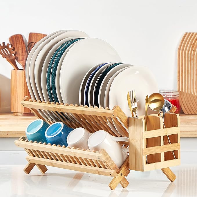 Bamboo Dish Drying Rack-2 Tier, Collapsible Small Dish Rack - Image 7