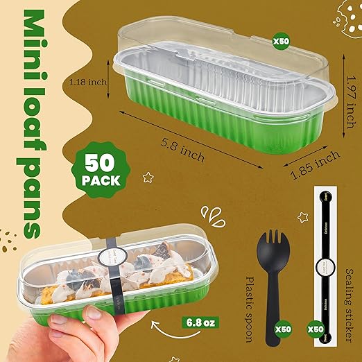 50 PACK Mini Cake Pans with Lids and Spoons, Rectangular Aluminum Foil Bread Pan - Image 3
