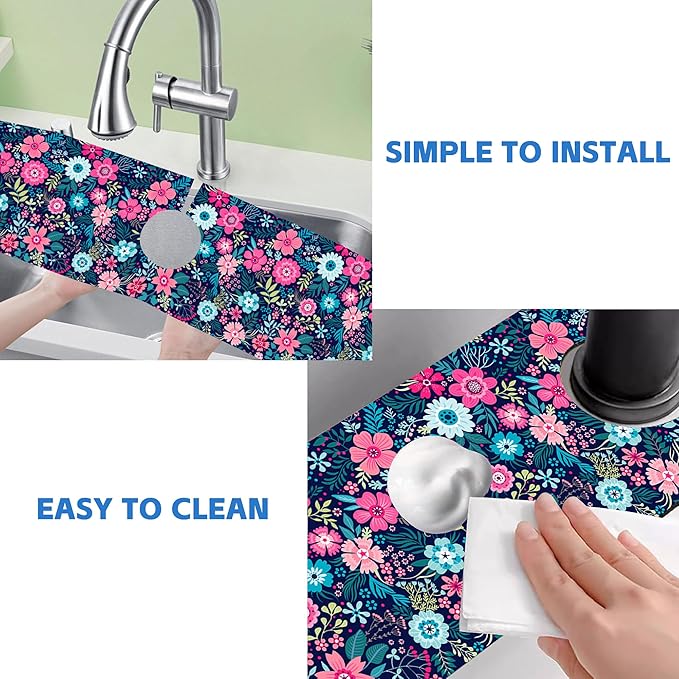 Modern Blue and Pink Floral Sink Faucet Absorbing Mat Sink Splash Guard Faucet - Image 5
