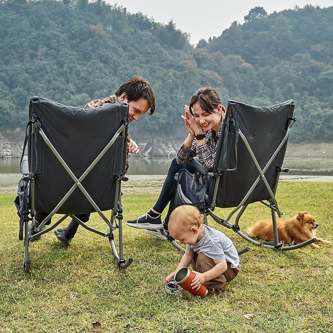 EVER ADVANCED Oversized Folding Rocking Camping Chair, Padded Portable Rocker Chair for Patio, Lawn and Outdoors, Heavy Duty Hard Armchair for Adults Supports 400lbs, Grey - Image 2
