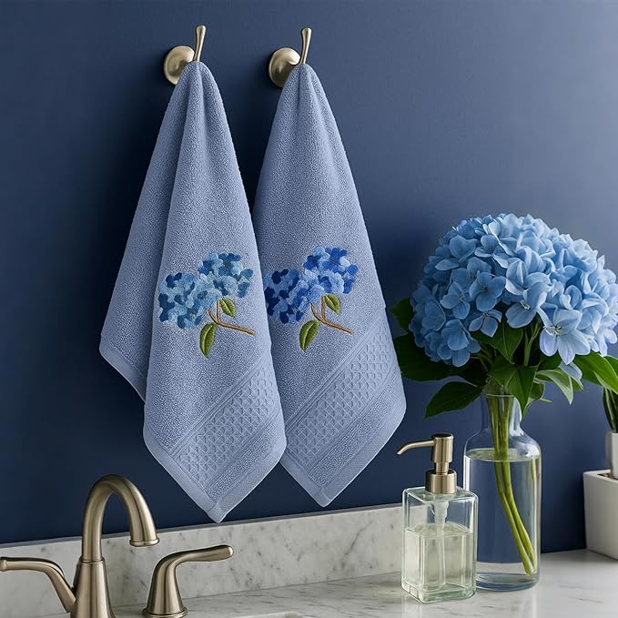 2 Pcs Hydrangea Hand Towels Blue Hydrangea Floral Bathroom Decor 14x29 Inch - Image 5