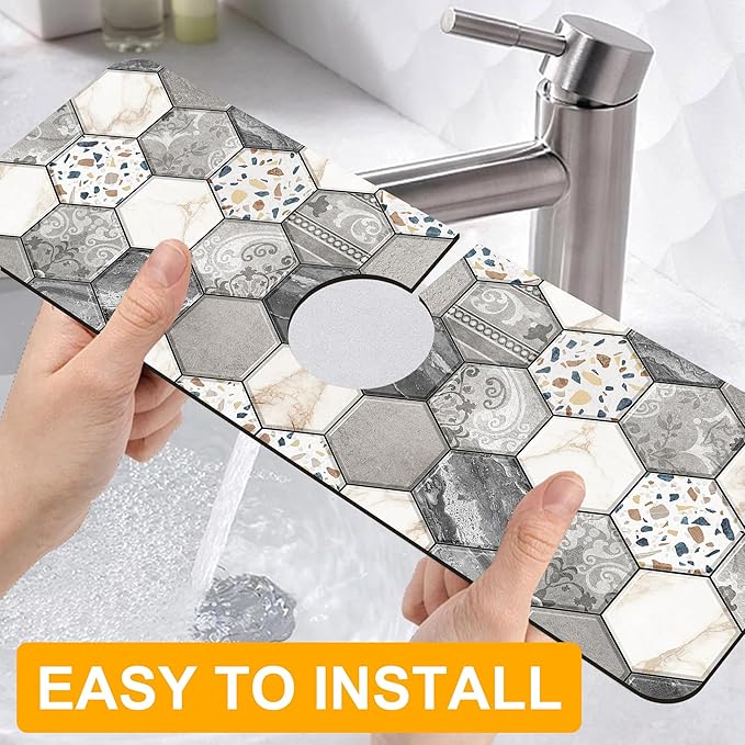 2 Pack Hexagon Marble Sink Splash Guard Faucet Mat Gold Glitter Lines Marble - Image 4