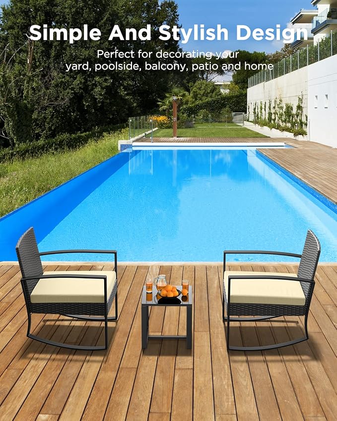 3 Pieces Porch Furniture Set Patio Rocking Bistro Set Outdoor Patio Chairs Rattan Conversation Sets with Coffee Table for Front Porch Garden Balcony Backyard Poolside (Beige Cushion) - Image 8