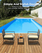 3 Pieces Porch Furniture Set Patio Rocking Bistro Set Outdoor Patio Chairs Rattan Conversation Sets with Coffee Table for Front Porch Garden Balcony Backyard Poolside (Beige Cushion) - Image 8
