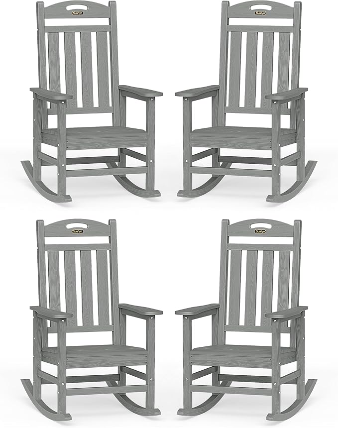 Oversized Outdoor Rocking Chair Set of 4, High Back Porch Rocker Chair, HDPE Rocking Chairs for Patio, Living Room, Light Grey by Suunyn