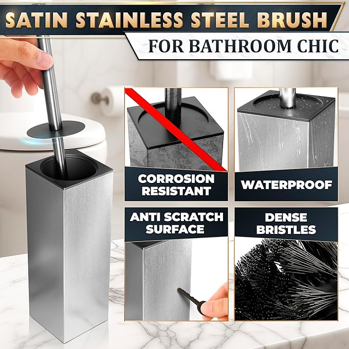 Silver Toilet Brush and Holder Set Stainless Steel – Square Design Toilet Bowl - Image 3