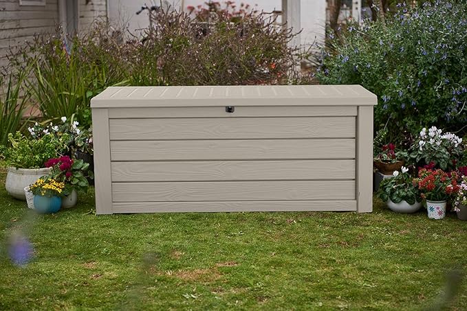 Keter Westwood 150 Gallon Resin Large Outdoor Storage Box for Patio Furniture, Outdoor Cushions, Garden Tools and Pool Floats, Beige - Image 2