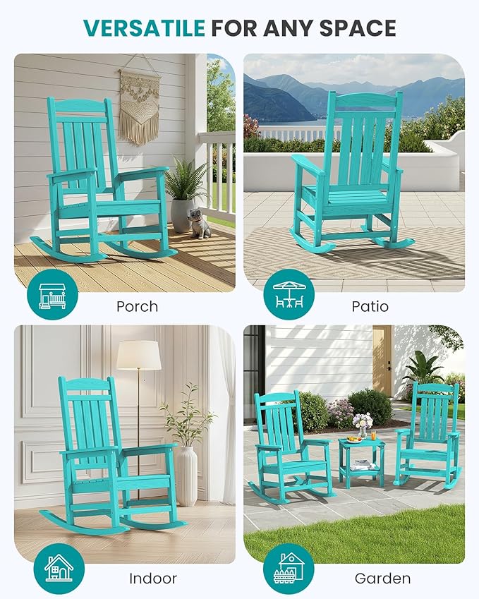 SERWALL HDPE Outdoor Rocking Chair Set of 2, Patio Rocking Chairs, All-Weather Porch Rockers for Adults, Aruba Blue - Image 9