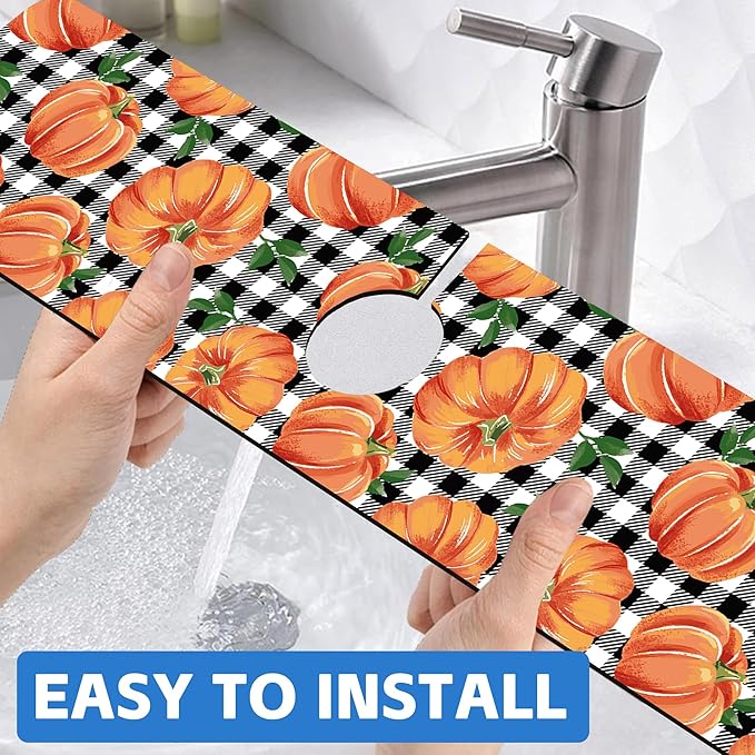 Thanksgiving Pumpkin Kitchen Sink Splash Guard Mat Buffalo Plaid Absorbent Fast - Image 6